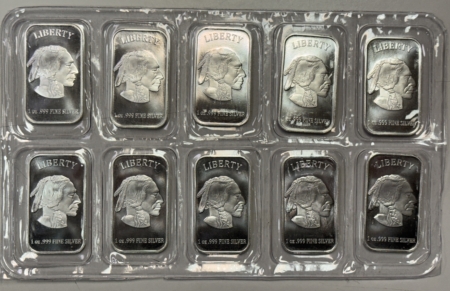Bullion 10 X 1 OZ .999 FINE SILVER BUFFALO BARS, 10 OZ ON SHEET, IN GOD WE TRUST, USA