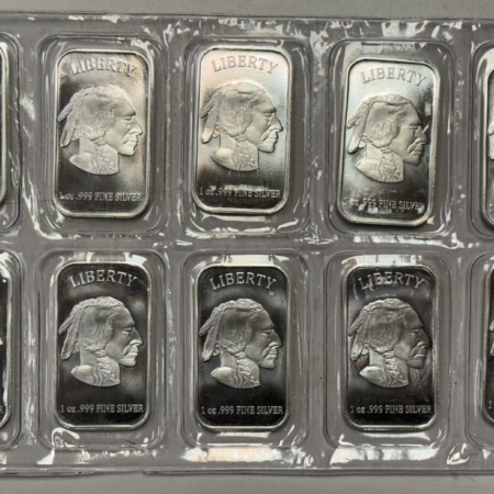 Bullion 10 X 1 OZ .999 FINE SILVER BUFFALO BARS, 10 OZ ON SHEET, IN GOD WE TRUST, USA