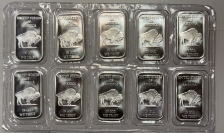 Bullion 10 X 1 OZ .999 FINE SILVER BUFFALO BARS, 10 OZ ON SHEET, IN GOD WE TRUST, USA