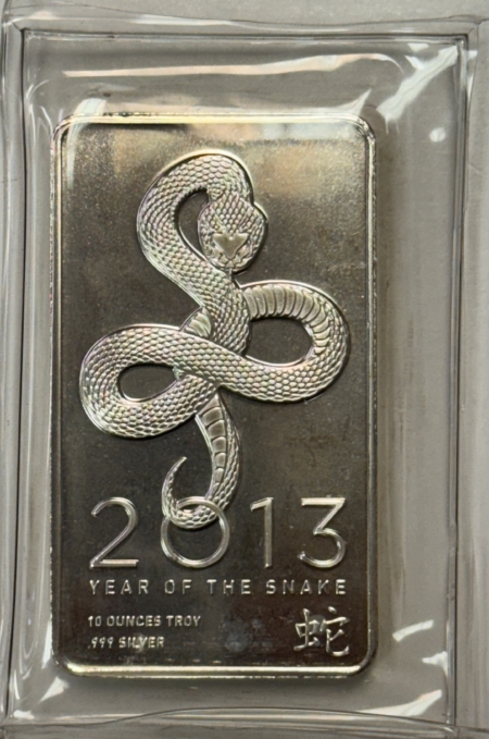Bullion 2013 SILVER 10 TROY OZ .999 FINE SILVER STRUCK BAR, YEAR OF THE SNAKE, SEALED
