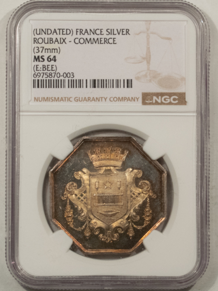 Exonumia UNDATED DATED FRANCE SILVER JETON, 37MM, ROUBAIX – COMMERCE – NGC MS-64, PRETTY!