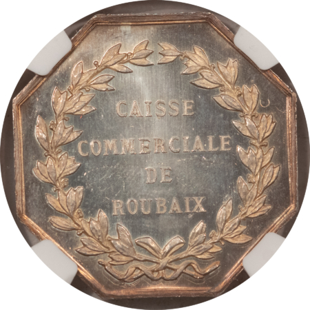 Exonumia UNDATED DATED FRANCE SILVER JETON, 37MM, ROUBAIX – COMMERCE – NGC MS-64, PRETTY!