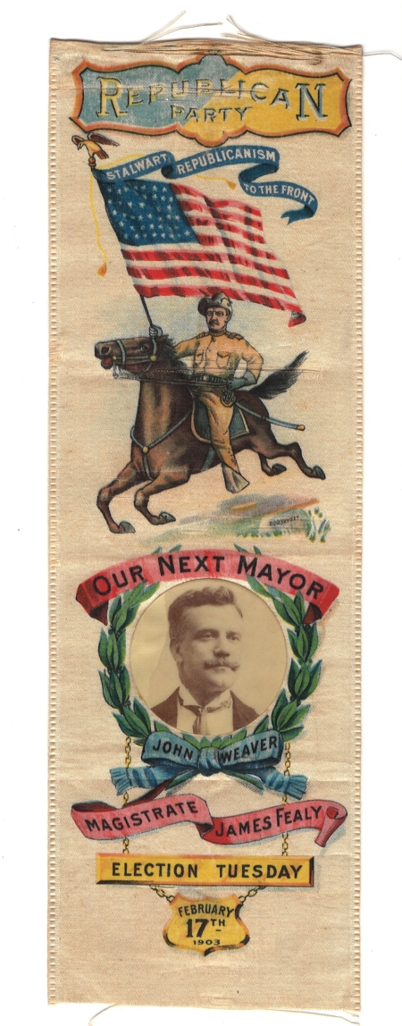 New Store Items RARE 1902 JOHN WEAVER FOR MAYOR (PHILADELPHIA) 3″ x 9″ RIBBON W/ TR ROUGH RIDER!