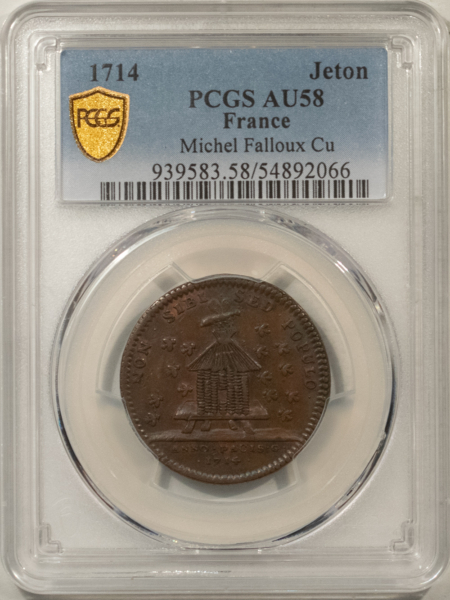 Exonumia FRANCE JETON, 1714 MICHEL FALLOUX CU, BEES/BEEHIVE, 28mm COPPER, PCGS AU-58
