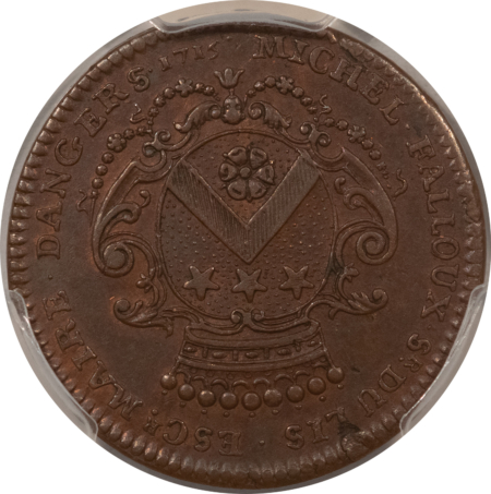 Exonumia FRANCE JETON, 1714 MICHEL FALLOUX CU, BEES/BEEHIVE, 28mm COPPER, PCGS AU-58