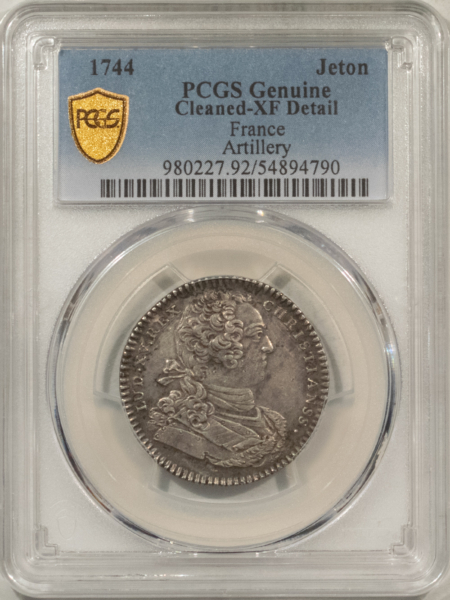 Exonumia FRANCE JETON 1744 ARTILLERY, 28mm SILVER, PCGS XF DETAIL CLEANED-SCARCE!