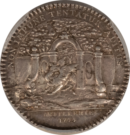 Exonumia FRANCE JETON 1744 ARTILLERY, 28mm SILVER, PCGS XF DETAIL CLEANED-SCARCE!