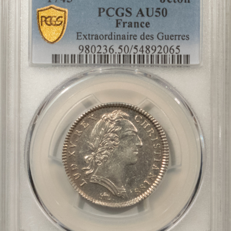 Exonumia FRANCE JETON 1745 EXTRAORDINAIRE DES GUERRES, 28mm SILVER, LOUIS XV, PCGS AU-50