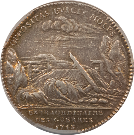 Exonumia FRANCE JETON 1745 EXTRAORDINAIRE DES GUERRES, 28mm SILVER, LOUIS XV, PCGS AU-50