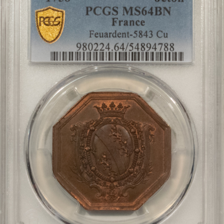 New Certified Coins FRANCE JETON 1758 FEUARDENT-5843 CU, 32mm COPPER OCTAGONAL, PCGS MS-64 BN