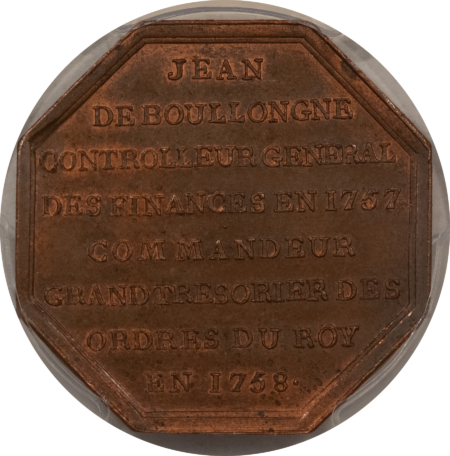New Certified Coins FRANCE JETON 1758 FEUARDENT-5843 CU, 32mm COPPER OCTAGONAL, PCGS MS-64 BN