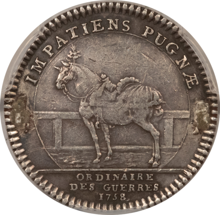 Exonumia FRANCE JETON 1758 ORDINAIRE DES GUERRES, LOIS XV, 29mm SILVER, PCGS XF DETAIL