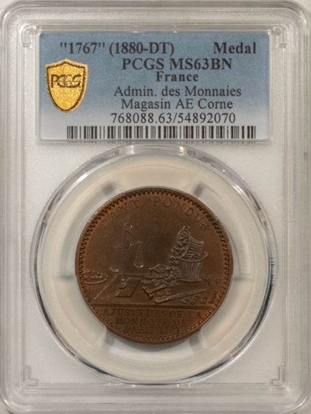 Exonumia FRANCE MEDAL 1767 ADMIN DES MONNAIES, MAGASIN AE CORNE, 30mm, PCGS MS-63 BN