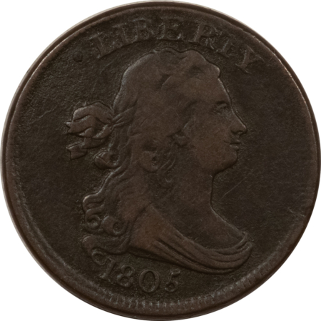 Draped Bust Half Cents 1805 DRAPED BUST HALF CENT, NO STEMS, SMALL 5 – DECENT CIRCULATED!