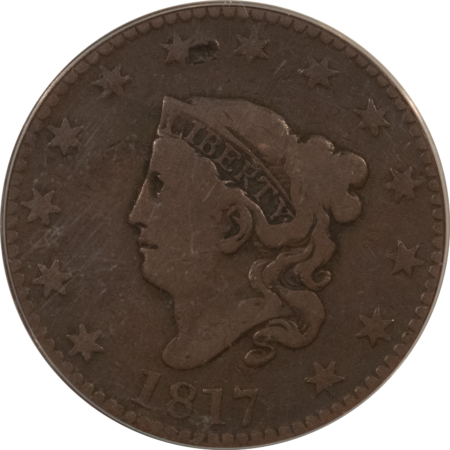 Coronet Head Large Cents 1817 CORONET HEAD LARGE CENT, 13 STARS – ANACS VG-8, NICE ORIGINAL