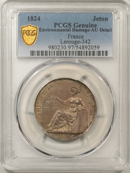 Exonumia FRANCE JETON 1824 LEROUGE-342, 30mm SILVER, PCGS AU DETAIL, ENVIROMENTAL DAMAGE