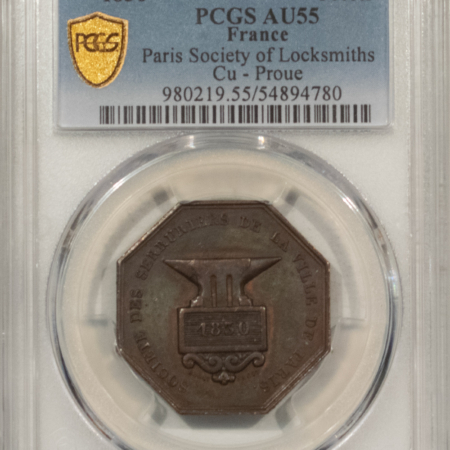 Exonumia FRANCE JETON 1830 PARIS SOCIETY OF LOCKSMITHS CU-PRONE, 29mm BRONZE PCGS AU-55