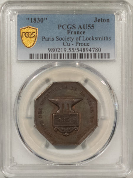 Exonumia FRANCE JETON 1830 PARIS SOCIETY OF LOCKSMITHS CU-PRONE, 29mm BRONZE PCGS AU-55