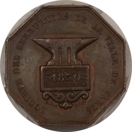 Exonumia FRANCE JETON 1830 PARIS SOCIETY OF LOCKSMITHS CU-PRONE, 29mm BRONZE PCGS AU-55