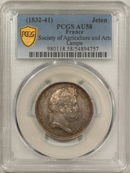 Exonumia FRANCE JETON, 1832-41 SOCIETY OF AGRICULTURE/ARTS LAMPE, 26mm SILVER, PCGS AU-58
