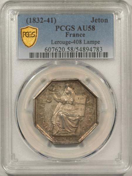 Exonumia FRANCE JETON, 1832-41 LEROUGE-408 LAMPE, 30mm SILVER, PCGS AU-58-LOOKS PL