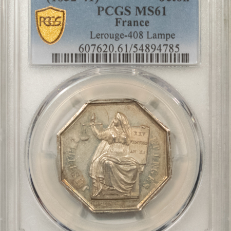 Exonumia FRANCE JETON 1832-41 LEROUGE-408 LAMPE, 30mm OCTAGONAL SILVER – PCGS MS-61!