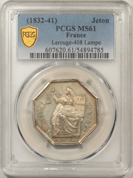 Exonumia FRANCE JETON 1832-41 LEROUGE-408 LAMPE, 30mm OCTAGONAL SILVER – PCGS MS-61!