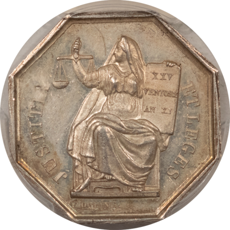 Exonumia FRANCE JETON 1832-41 LEROUGE-408 LAMPE, 30mm OCTAGONAL SILVER – PCGS MS-61!