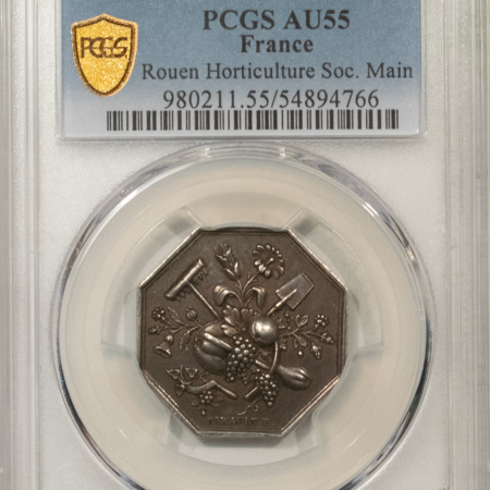 Exonumia FRANCE JETON 1836 ROUEN HORTICULTURE SOC. MAIN, 26mm SILVER, PCGS AU-55