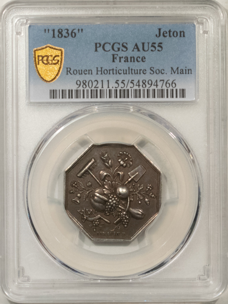 Exonumia FRANCE JETON 1836 ROUEN HORTICULTURE SOC. MAIN, 26mm SILVER, PCGS AU-55
