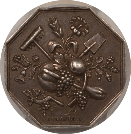 Exonumia FRANCE JETON 1836 ROUEN HORTICULTURE SOC. MAIN, 26mm SILVER, PCGS AU-55