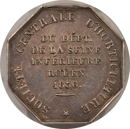 Exonumia FRANCE JETON 1836 ROUEN HORTICULTURE SOC. MAIN, 26mm SILVER, PCGS AU-55
