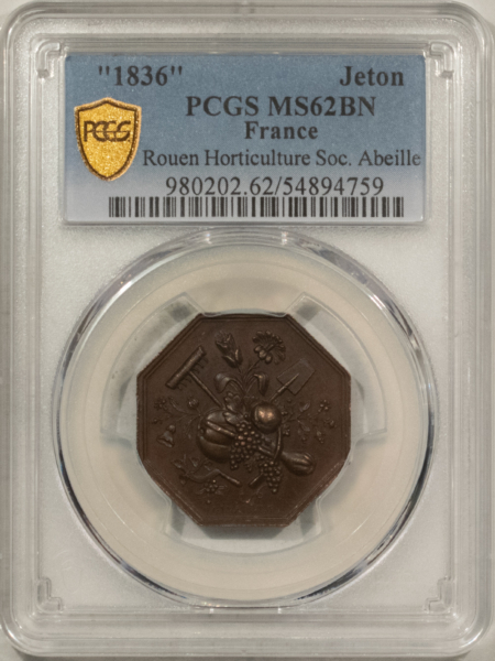 Exonumia FRANCE JETON 1836 ROUEN HORTICULTURE SOC. ABEILLE, 26mm COPPER, PCGS MS-62 BN