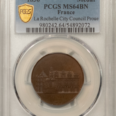 Exonumia FRANCE MEDAL, 1836 LA ROCHELLE CITY COUNCIL PROUE, 27mm BRONZE, PCGS MS-64 BN!