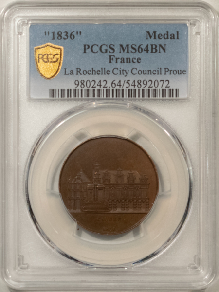 Exonumia FRANCE MEDAL, 1836 LA ROCHELLE CITY COUNCIL PROUE, 27mm BRONZE, PCGS MS-64 BN!