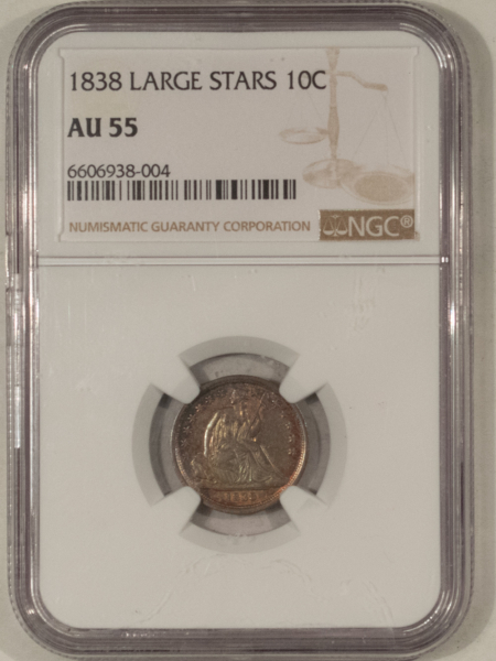 Dimes 1838 LIBERTY SEATED DIME, LARGE STARS NGC AU-55, PARTIAL DRAPERY! SCARCE, PRETTY