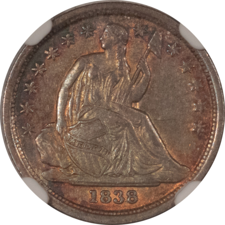 Dimes 1838 LIBERTY SEATED DIME, LARGE STARS NGC AU-55, PARTIAL DRAPERY! SCARCE, PRETTY