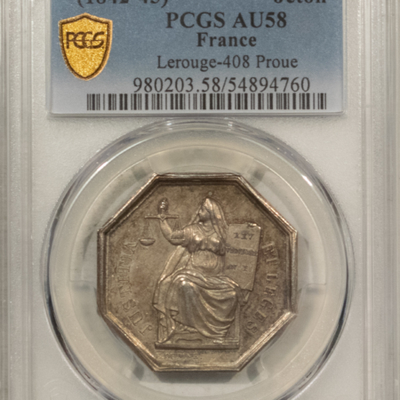 Exonumia FRANCE JETON 1842-45 LEROUGE-408 PROUE, 30mm SILVER OCTAGONAL, PCGS AU-58