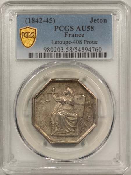 Exonumia FRANCE JETON 1842-45 LEROUGE-408 PROUE, 30mm SILVER OCTAGONAL, PCGS AU-58