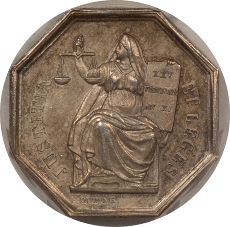 Exonumia FRANCE JETON 1842-45 LEROUGE-408 PROUE, 30mm SILVER OCTAGONAL, PCGS AU-58