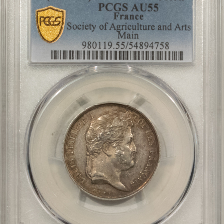 Exonumia FRANCE JETON, 1845-60 SOCIETY OF AGRICULTURE/ARTS MAIN, 26mm SILVER, PCGS AU-55!