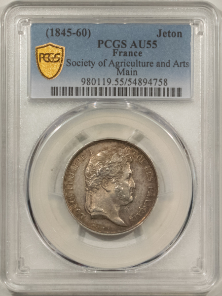 Exonumia FRANCE JETON, 1845-60 SOCIETY OF AGRICULTURE/ARTS MAIN, 26mm SILVER, PCGS AU-55!