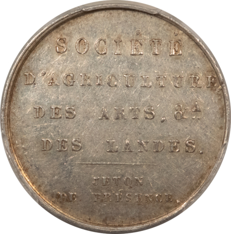 Exonumia FRANCE JETON, 1845-60 SOCIETY OF AGRICULTURE/ARTS MAIN, 26mm SILVER, PCGS AU-55!