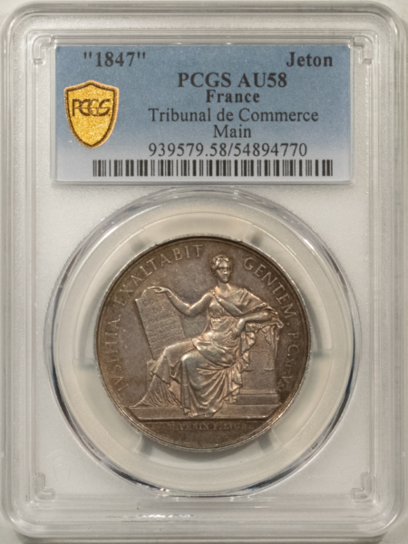 Exonumia FRANCE JETON 1847 TRIBUNAL DE COMMERCE MAIN, 33mm SILVER, PCGS AU-58