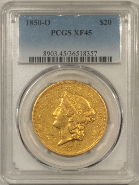 $20 1850-O $20 LIBERTY GOLD DOUBLE EAGLE – PCGS XF-45, WELL-STRUCK, NICE FOR DATE!
