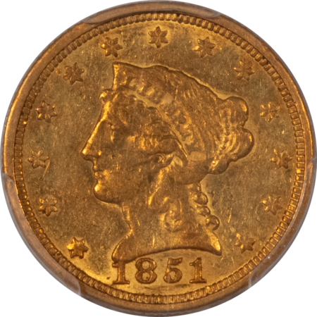 $2.50 1851 $2.50 LIBERTY GOLD QUARTER EAGLE – PCGS AU-50, NICE, ORIGINAL, EARLY DATE!