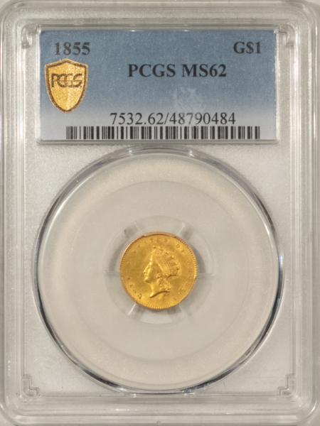 $1 1855 TYPE 2 $1 GOLD DOLLAR – PCGS MS-62, SMOOTH, ATTRACTIVE, TOUGH!