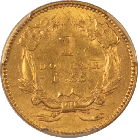 $1 1855 TYPE 2 $1 GOLD DOLLAR – PCGS MS-62, SMOOTH, ATTRACTIVE, TOUGH!