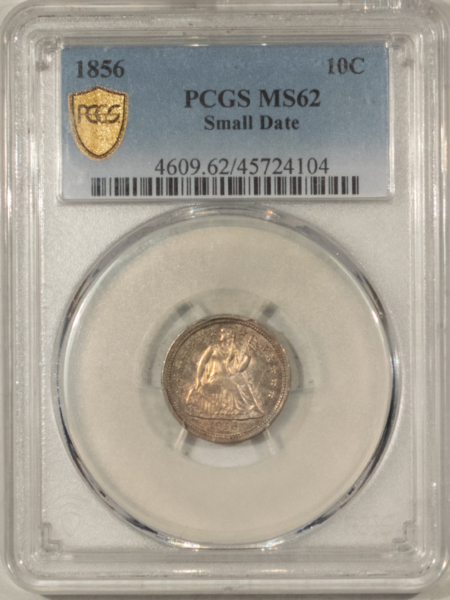 Dimes 1856 SEATED LIBERTY DIME, SMALL DATE – PCGS MS-62, ORIGINAL AND CHOICE!