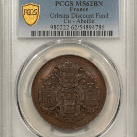 Exonumia FRANCE JETON 1856 ORLEANS DISCOUNT FUND CUI-ABEILLE, 32mm BRONZE, PCGS MS-62 BN